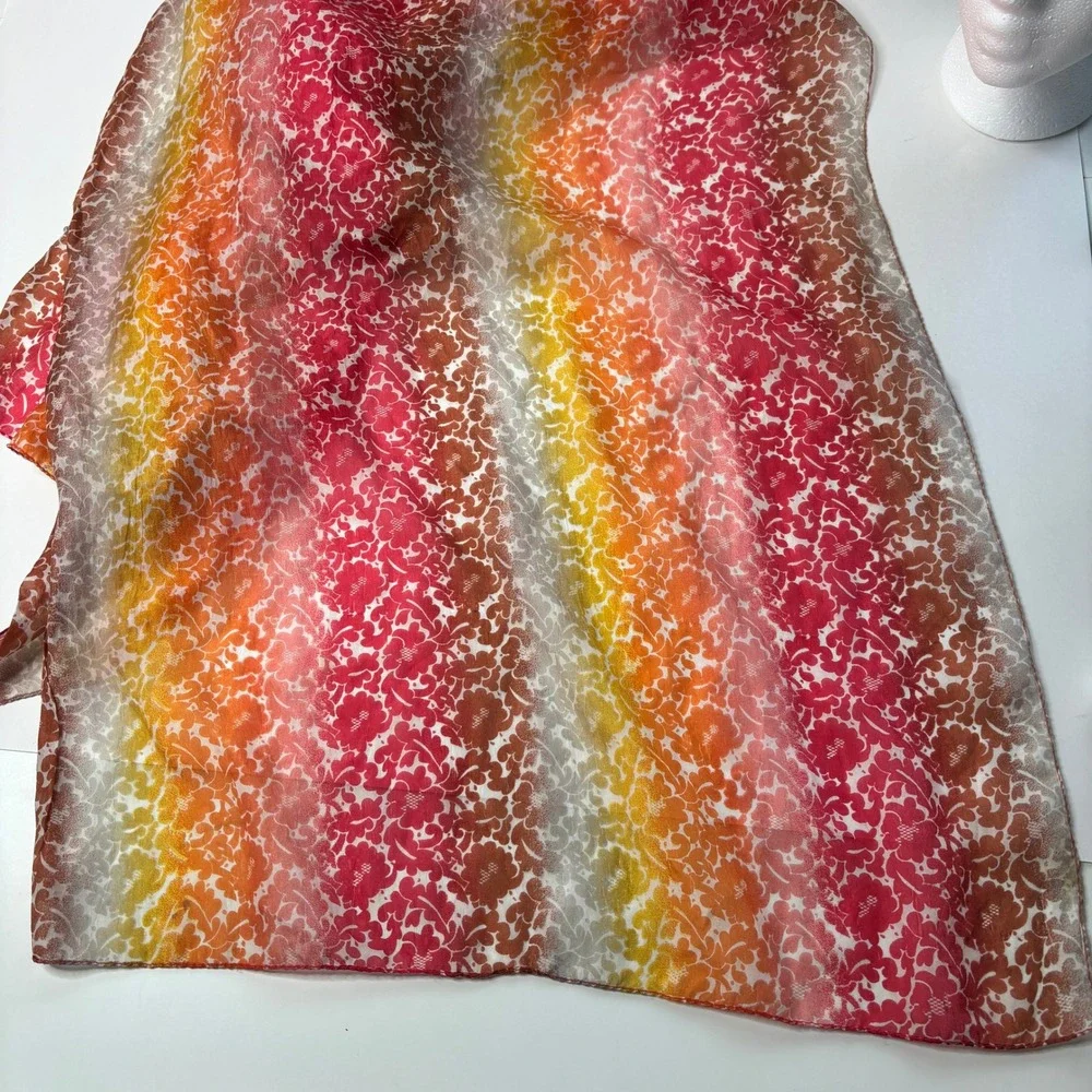 VTG Floral Silk Rectangle Scarf Ombre Red Orange Yellow Sunset Print Sheer Fairy